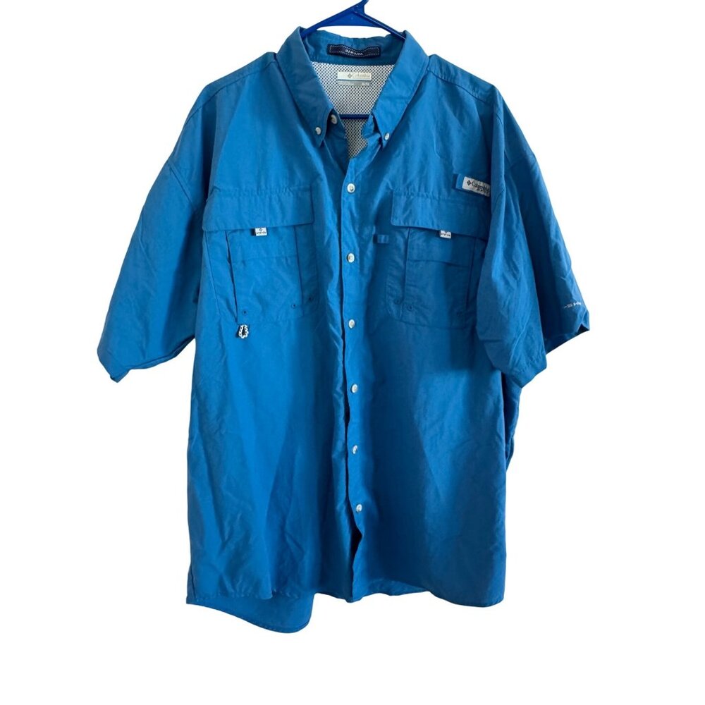 Columbia Bahama PFG Mens XL Tactel Nylon Blue Solid Outdoor Fishing Shirt Short